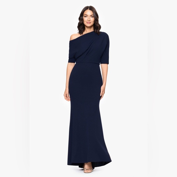 BETSY ADAM MADELINE LONG SCUBA CREPE OFF THE SHOULDER DROP DRESS SIZE 14W B1587 - Picture 1 of 5